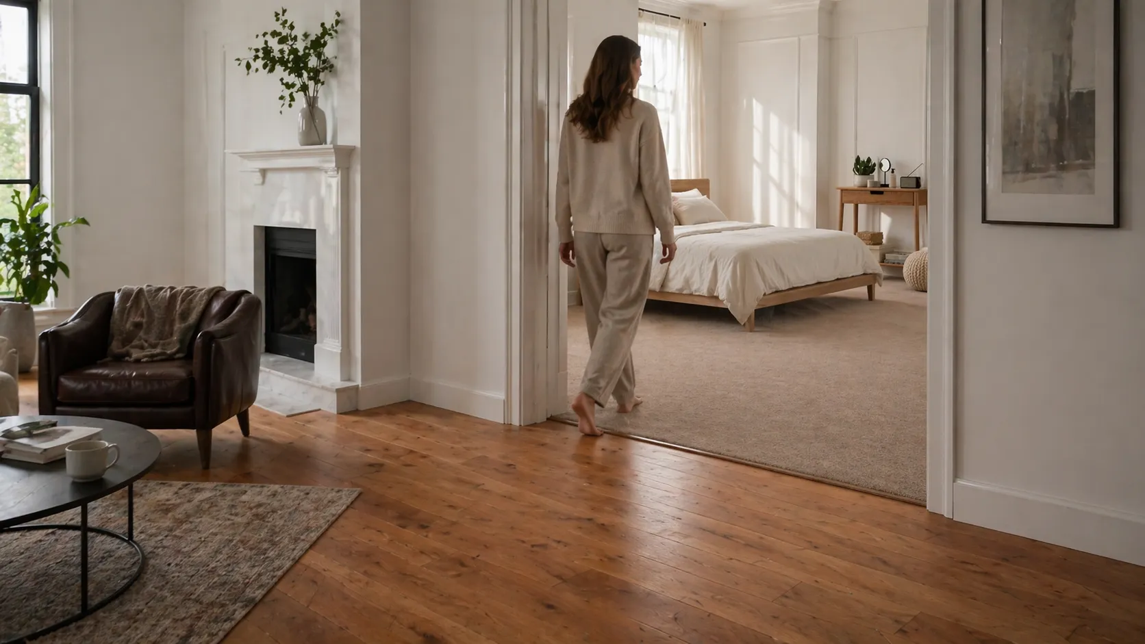woman walking barefoot from a living room into a neutral-toned bedroom.