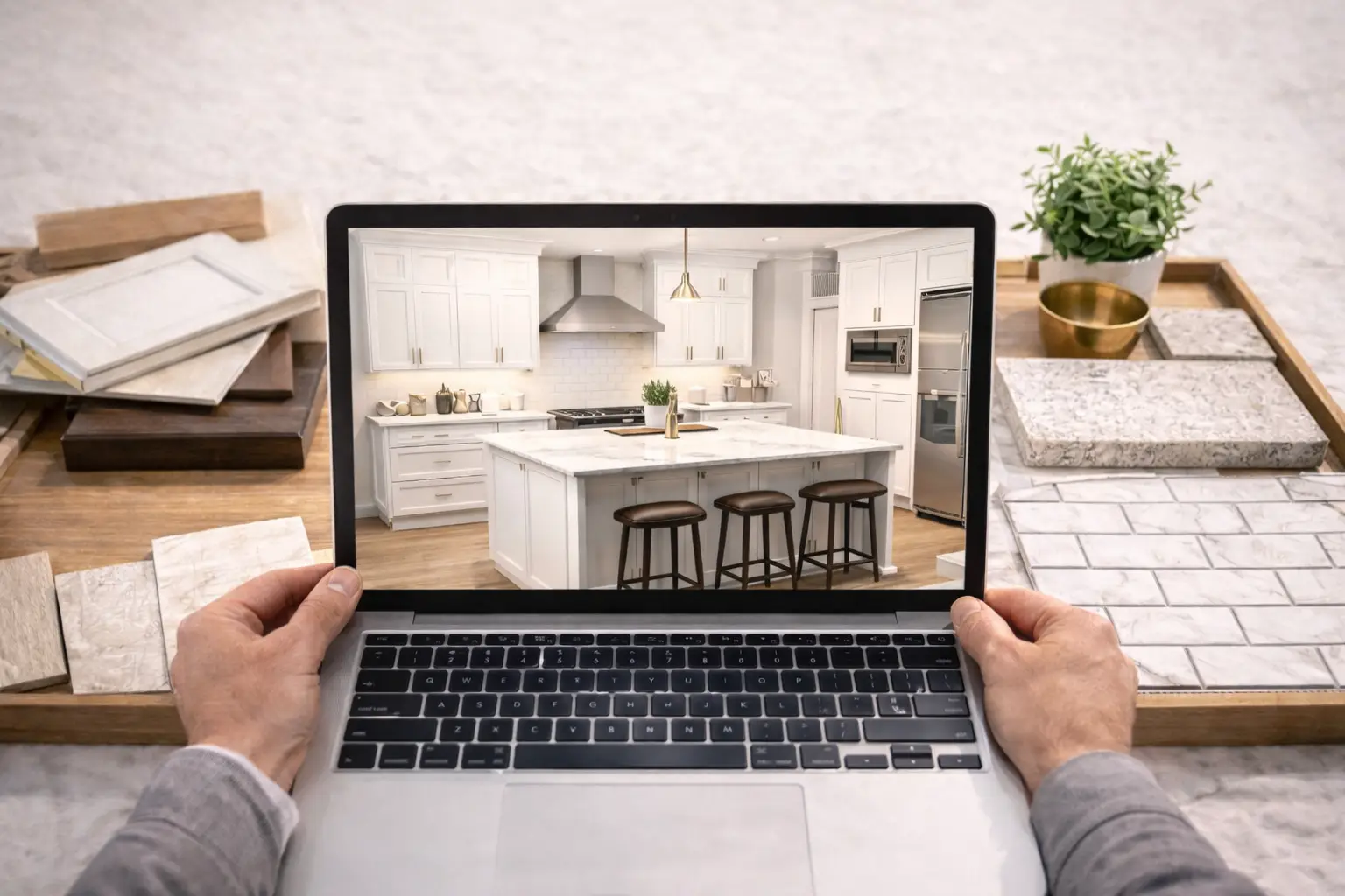 designer coordinating kitchen remodel plan with client using 3d layout and material samples