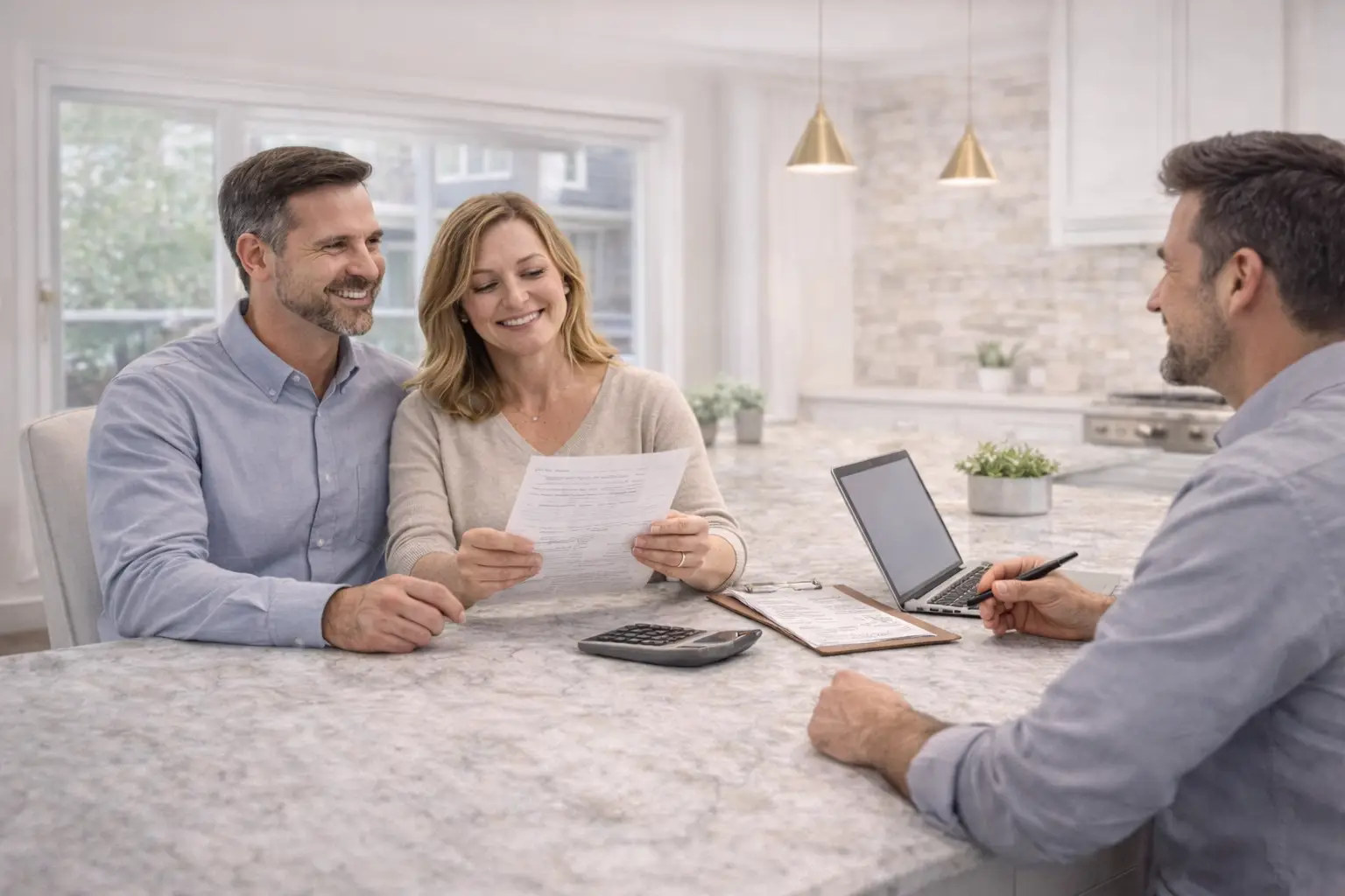 homeowners discussing kitchen remodel budget with contractor planning costs and materials in modern kitchen