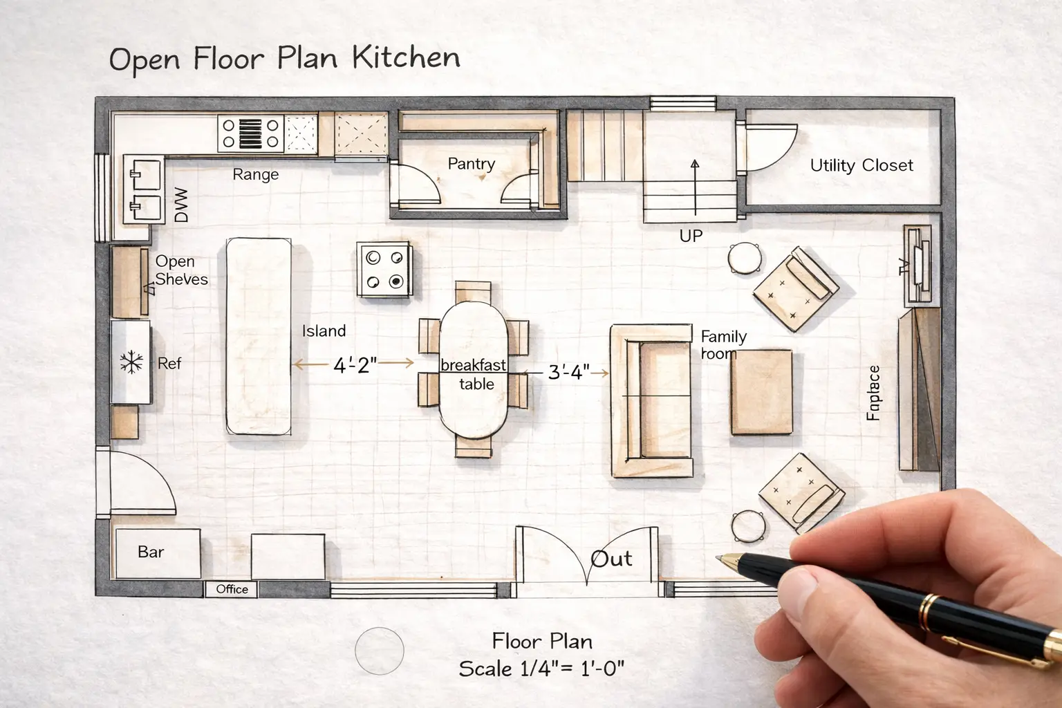 kitchen floor plan layout showing island cabinets appliances and open concept design for remodeling planning