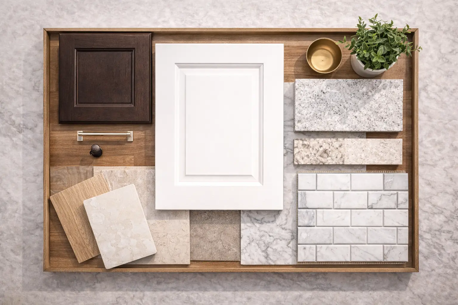 kitchen material sample board with cabinet door quartz countertop tile backsplash and wood flooring selections