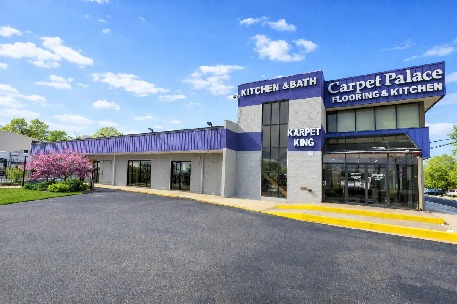 outside view of karpet king design center showroom in rockville maryland for kitchen remodeling cabinets countertops and flooring