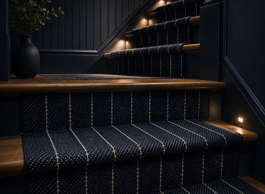 custom luxury stair runner with dark patterned carpet on modern staircase in maryland home