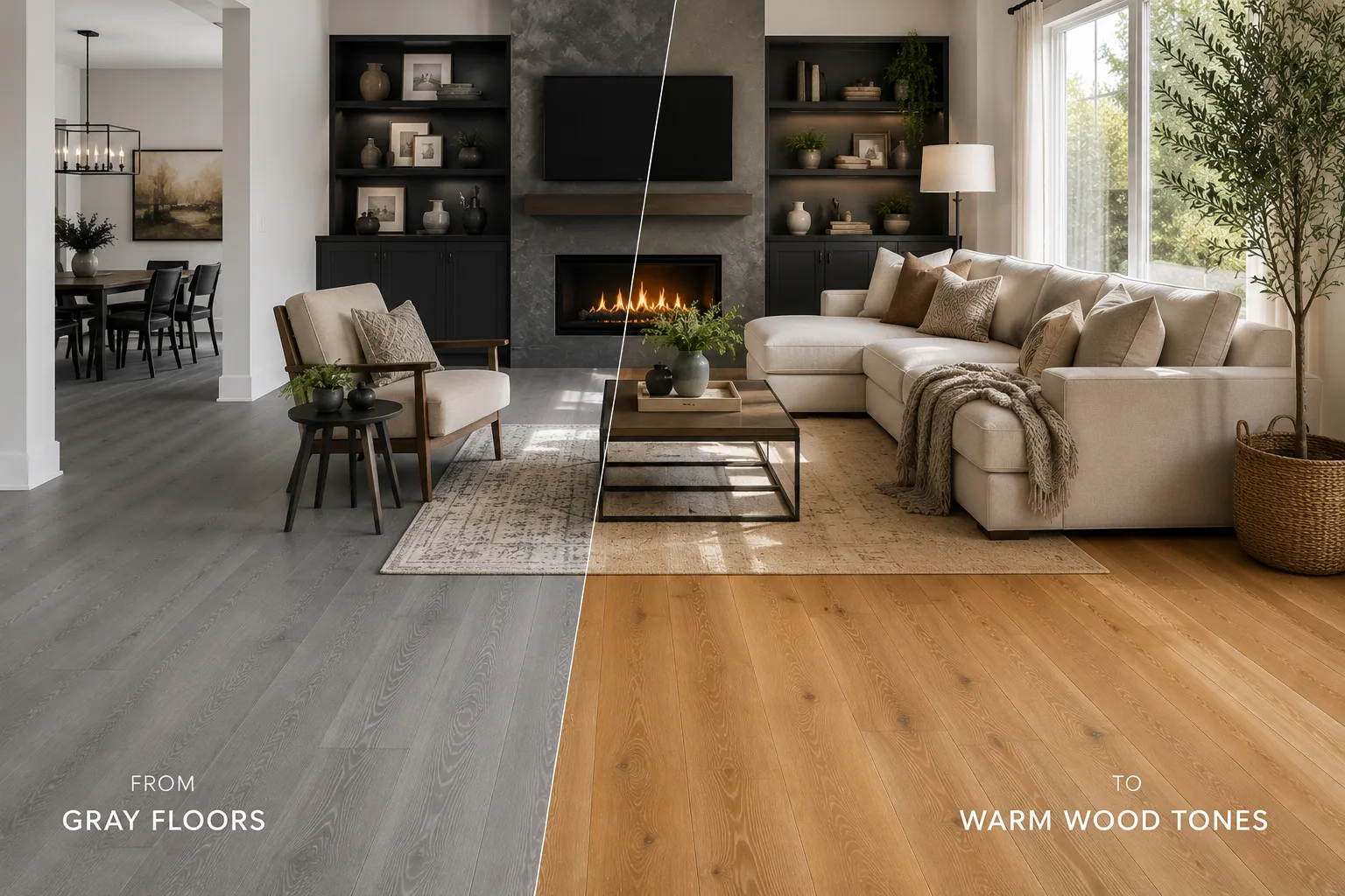 Split view of a contemporary living room showing a transition from gray floors on the left to warm wood floors on the right, with a beige sectional and fireplace.