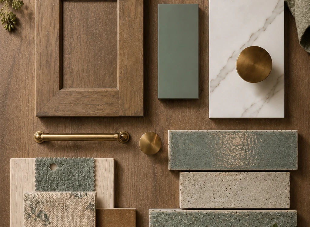 interior design moodboard featuring luxury flooring, cabinetry, tile, countertop, and warm modern material palette