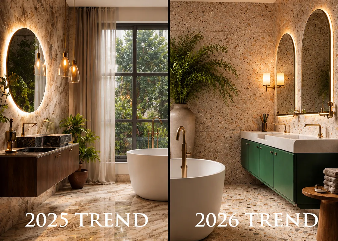 Split-screen bathroom scene showing 2025 trend (left) with marble walls, round backlit mirror, freestanding tub, dark wood vanity and warm lighting, near window with plants.