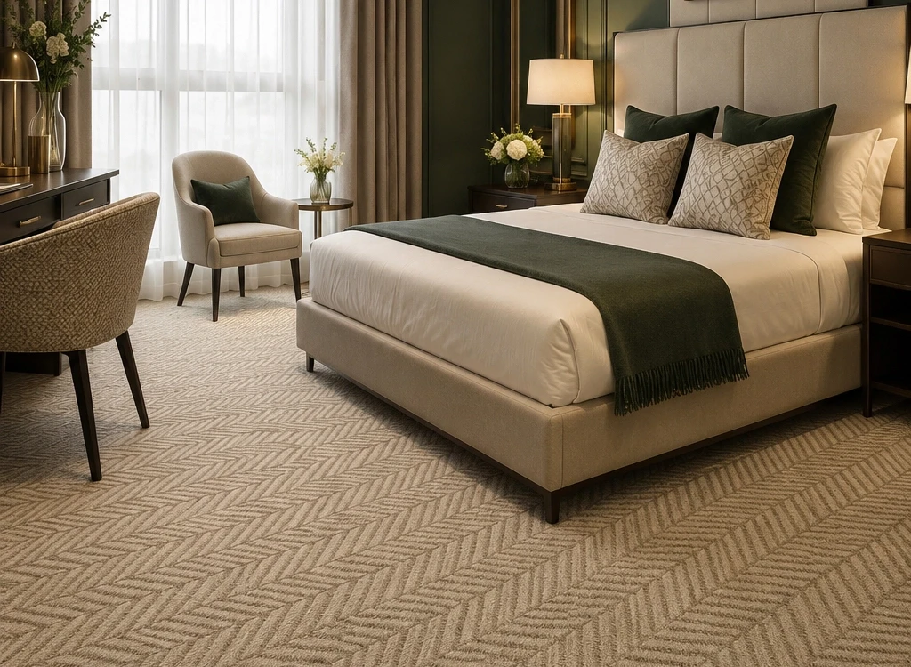 luxury textured carpet in elegant bedroom with warm modern interior design and layered neutral tones