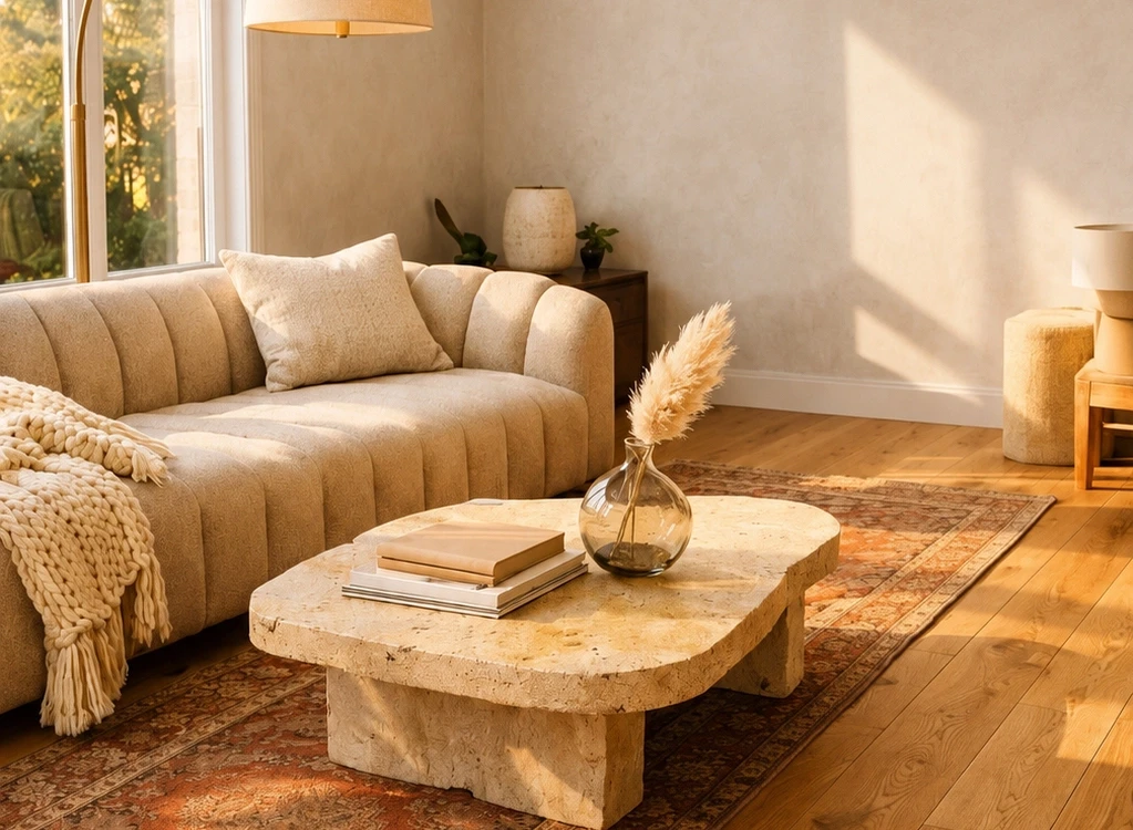 warm oak hardwood flooring in luxury modern living room with layered neutral interior design in maryland home