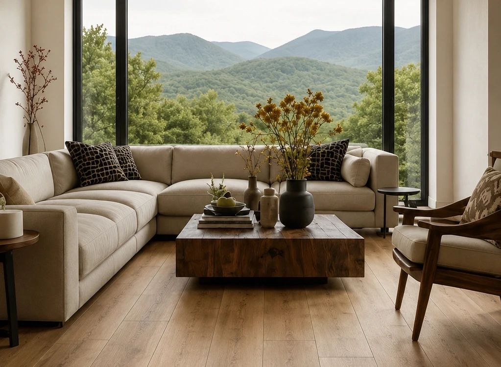 wide plank luxury vinyl flooring in warm modern living room with natural light and mountain view