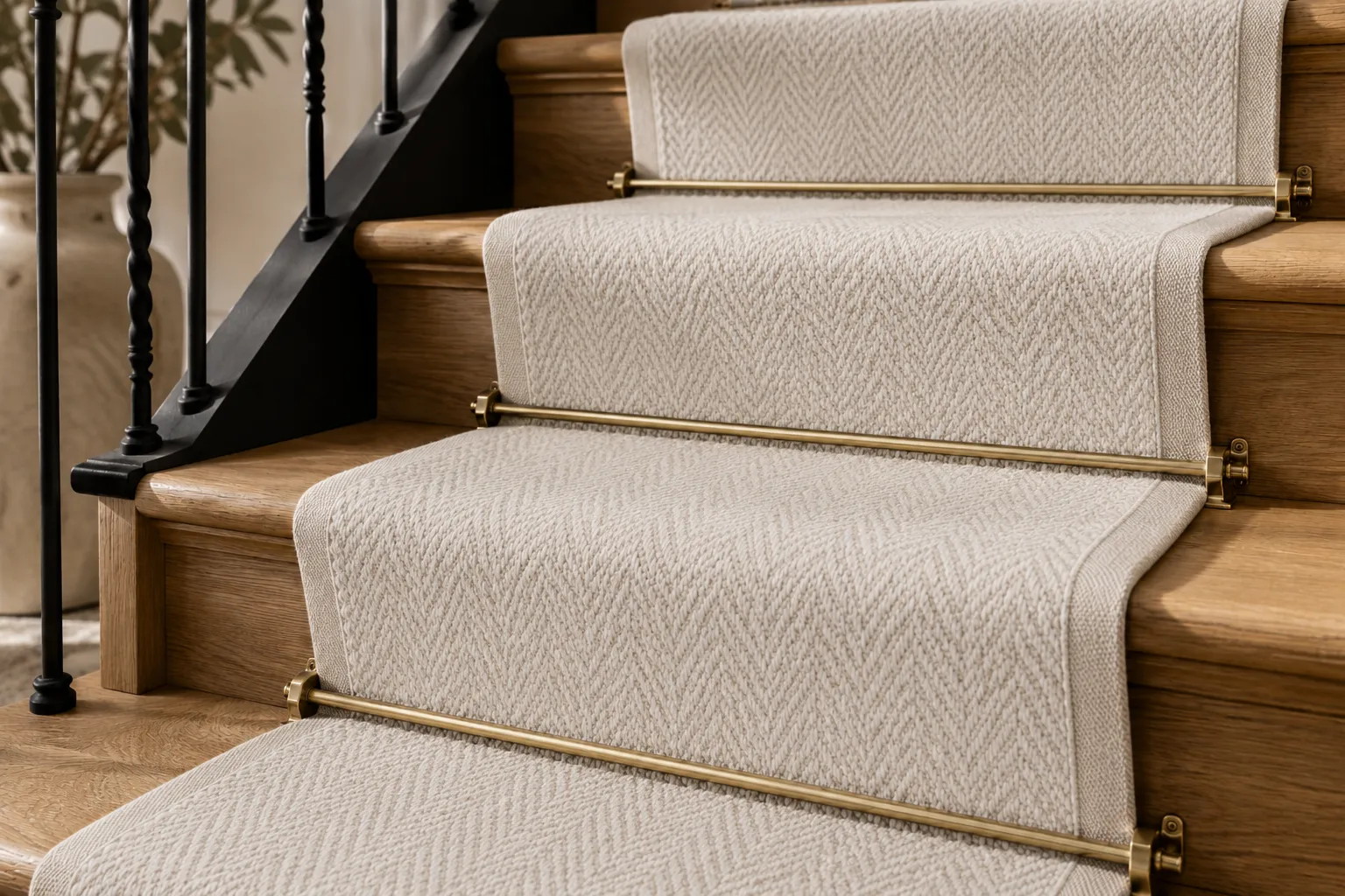 close-up textured wool stair runner with soft woven luxury detail and warm modern interior styling
