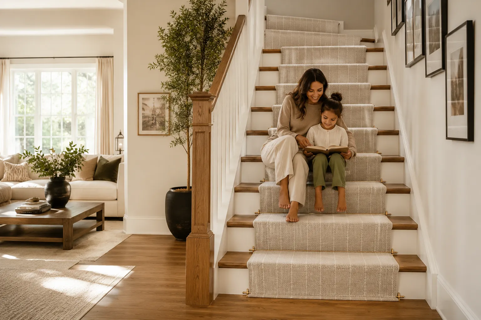 mother and daughter sit together on a carpeted staircase, reading a book in a bright, welcoming living room.",