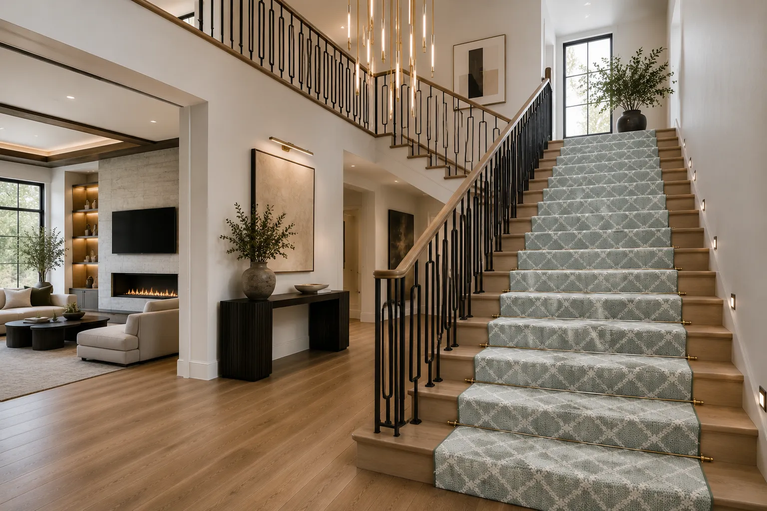 luxury staircase with custom stair runner, warm hardwood flooring, and layered modern interior design