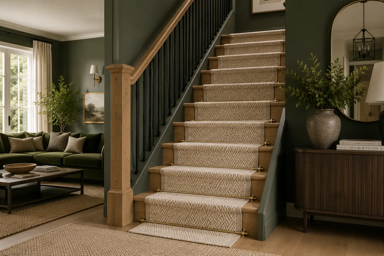 luxury staircase with tonal geometric wool stair runner and warm oak stairs in designer interior
