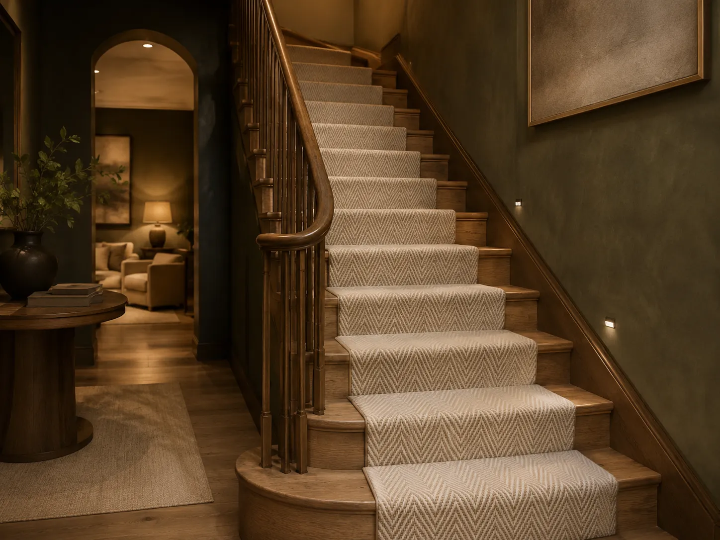 warm oak staircase with luxury wool stair runner and deep green modern interior palette