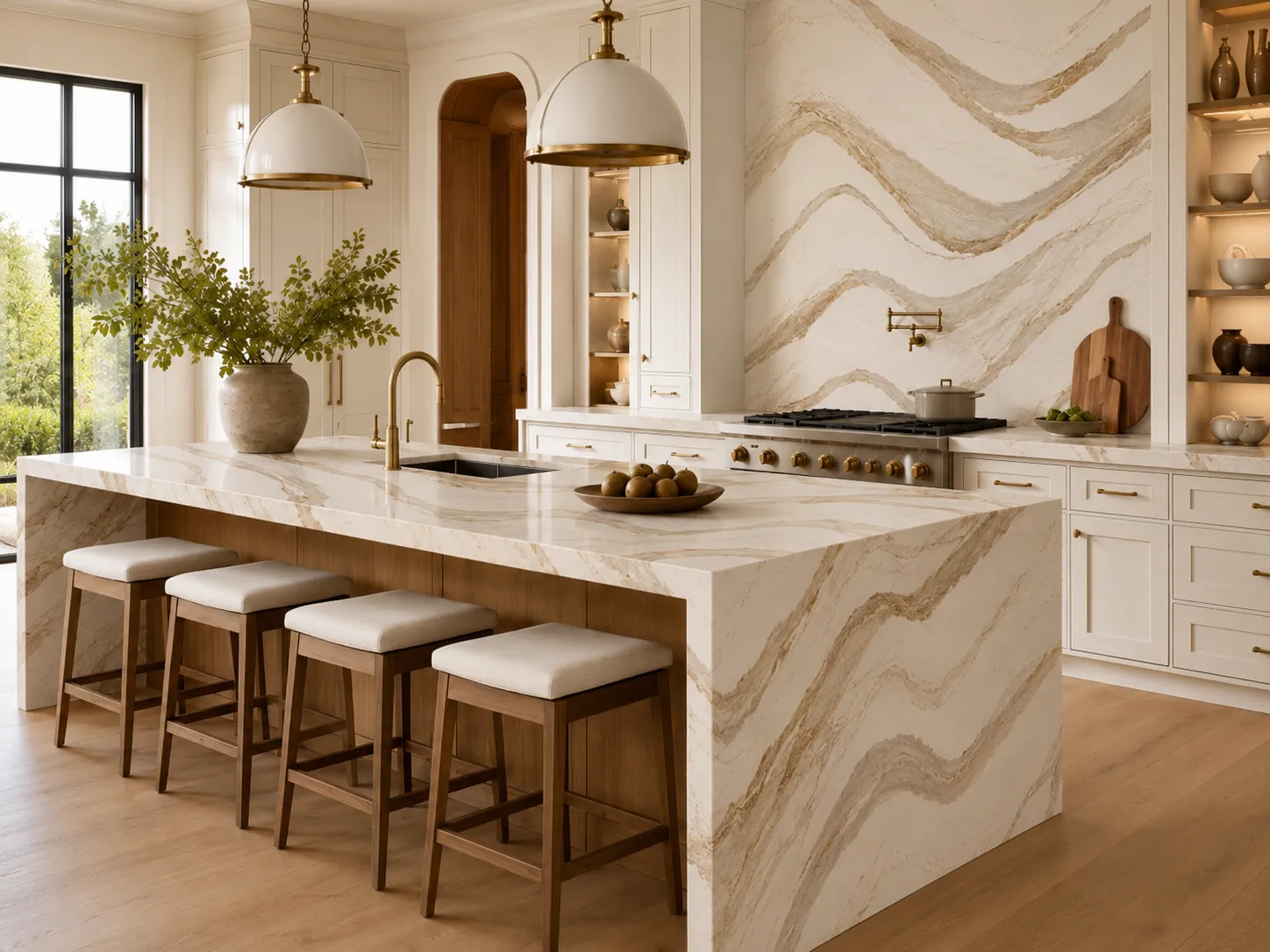Luxury Rockville MD kitchen with Cambria Brittanicca Gold Warm quartz waterfall island and full-height slab backsplash