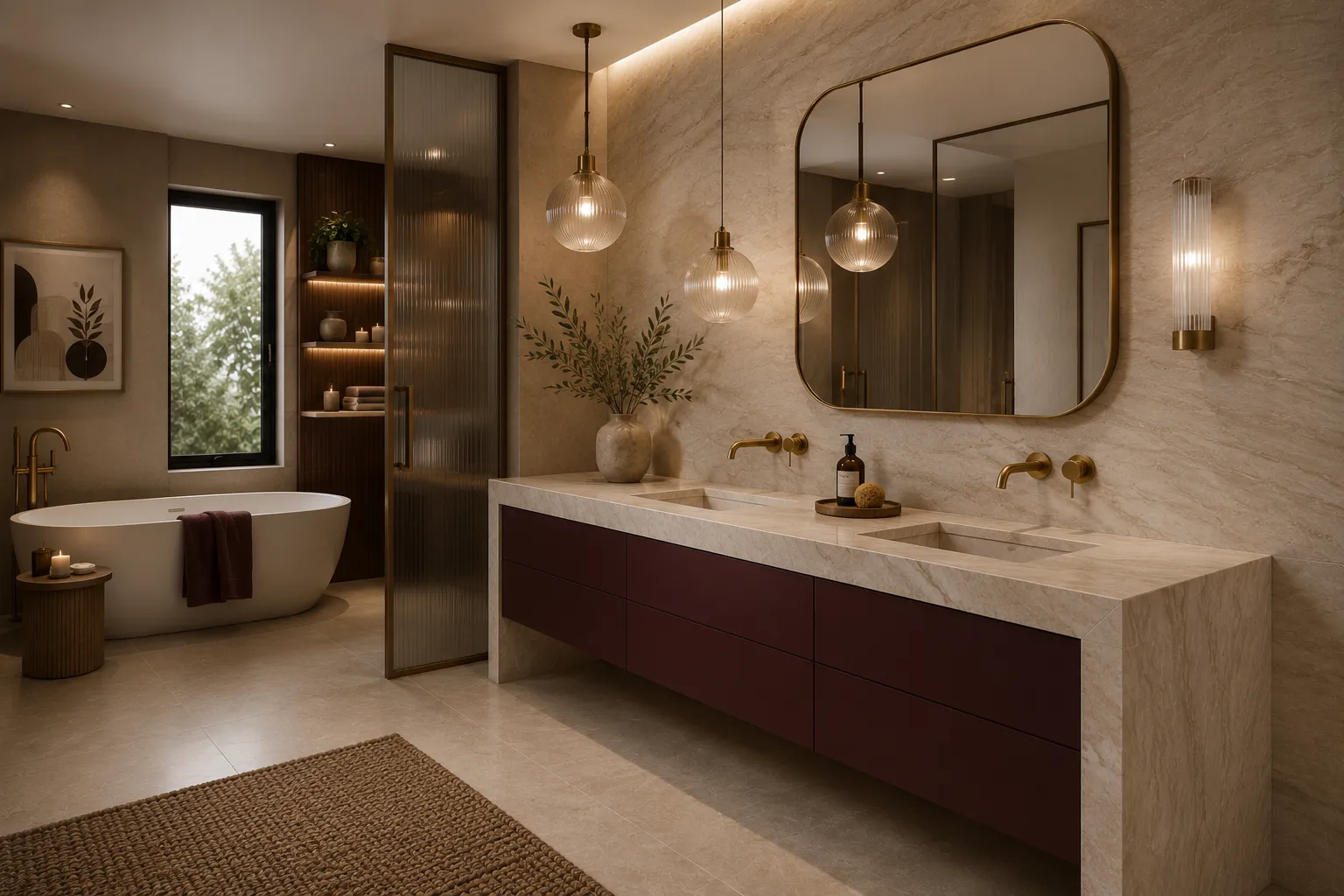 Luxurious bathroom with a marble double sink vanity, gold fixtures, and an oval-framed mirror illuminated by warm pendant lights.