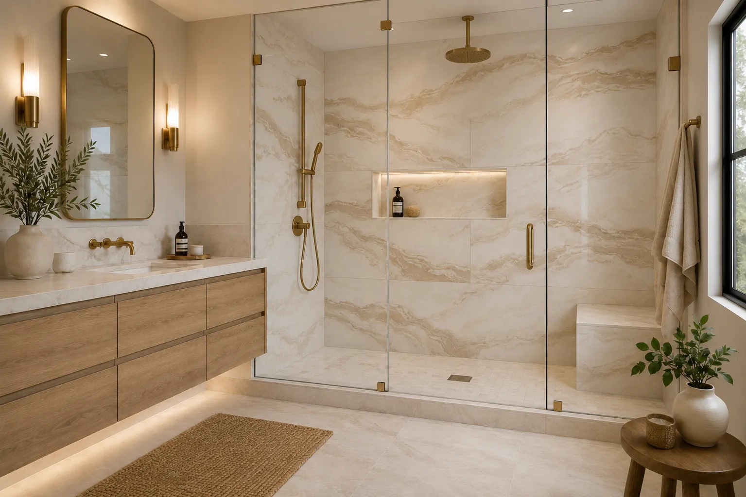 luxury bathroom remodel in rockville md with 24x48 nebula almond porcelain shower wall tile, floating white oak vanity, brushed gold fixtures, and minimal grout lines