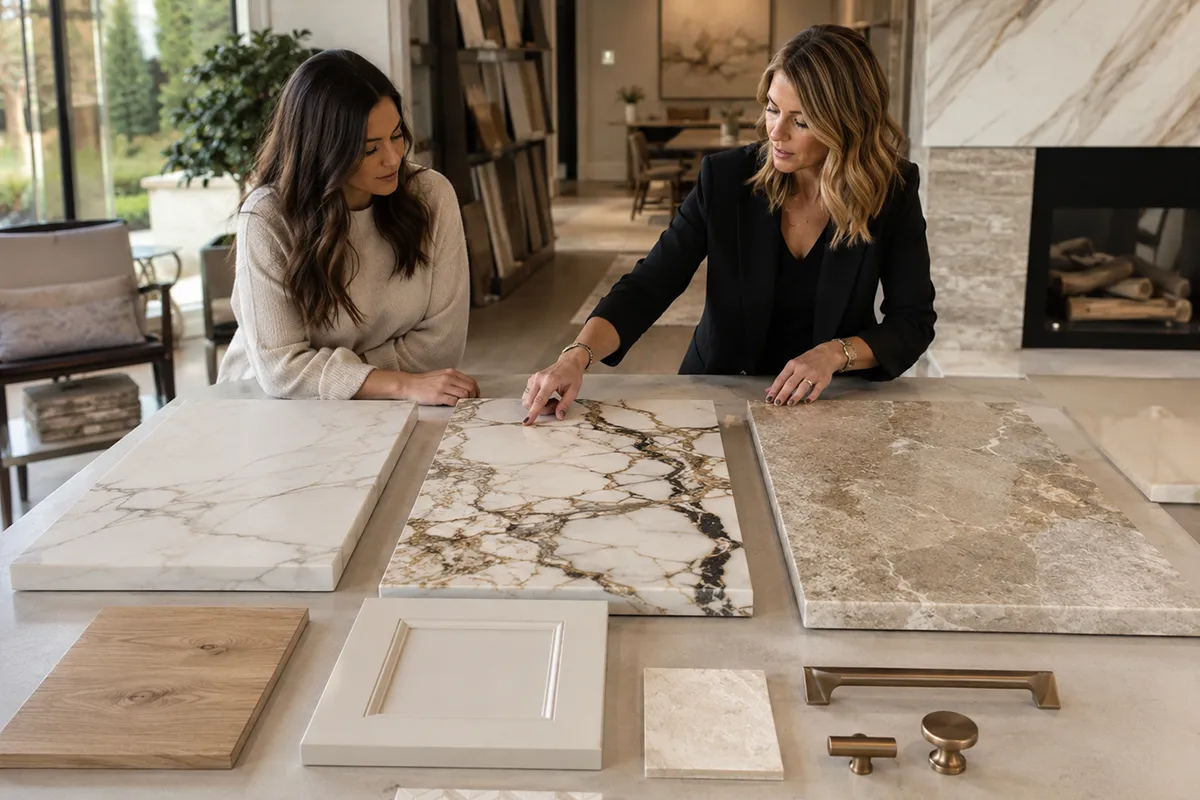 interior designer helping client choose statement stone countertop samples in rockville md showroom for luxury kitchen and bathroom remodeling – karpet king design center interior designer helping client choose statement stone countertop samples in rockville md showroom for luxury kitchen and bathroom remodeling
