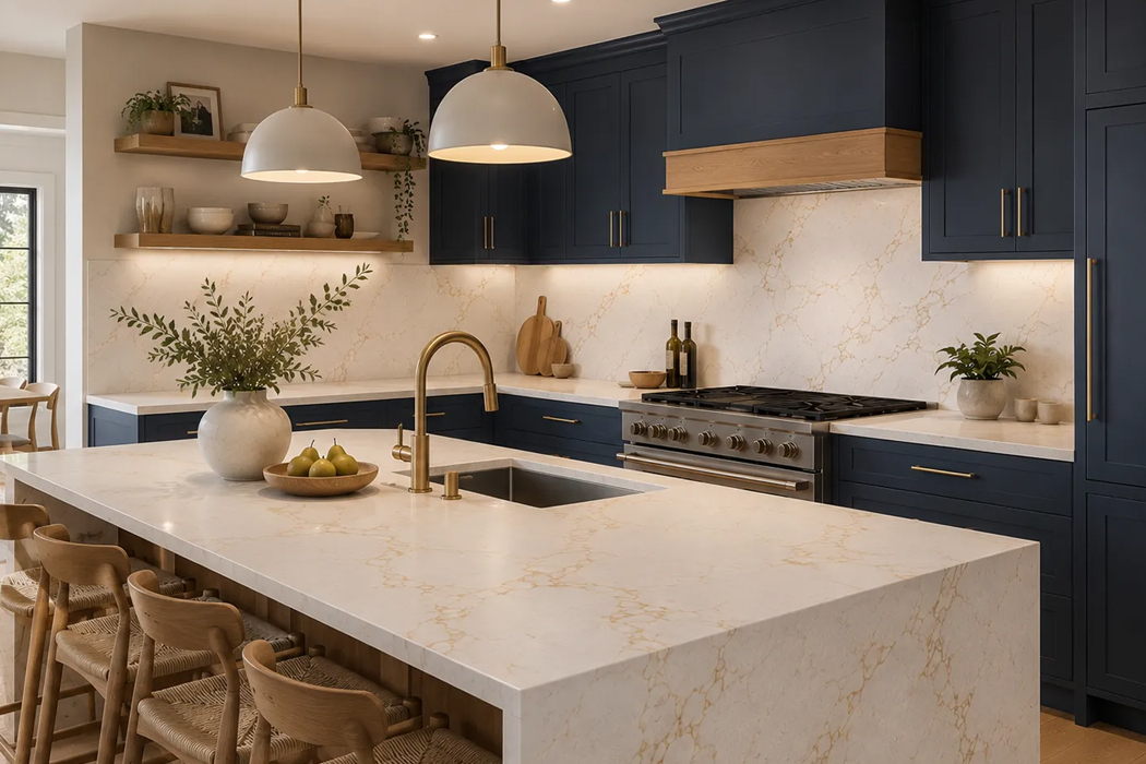 Modern kitchen with navy cabinets, marble countertops, and a large island featuring brass fixtures and stools.