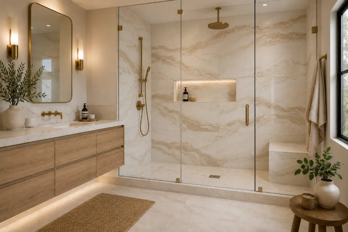 luxury bathroom remodel in rockville md with 24x48 nebula almond porcelain shower wall tile floating white oak vanity brushed gold fixtures and minimal grout lines – karpet king design center luxury bathroom remodel in rockville md with 24x48 nebula almond porcelain shower wall tile, floating white oak vanity, brushed gold fixtures, and minimal grout lines