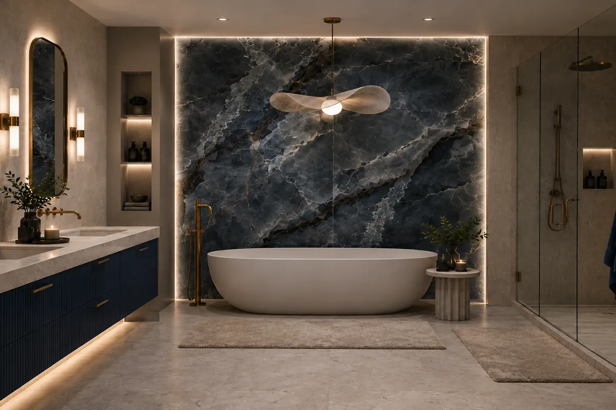 luxury bathroom remodel in rockville md with dramatic dark blue statement stone slab wall freestanding bathtub glass shower double vanity and brass fixtures – karpet king design center luxury bathroom remodel in rockville md with dramatic dark blue statement stone slab wall, freestanding bathtub, glass shower, double vanity, and brass fixtures