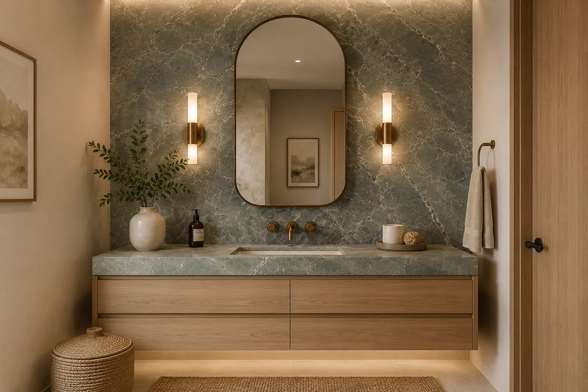 luxury bathroom vanity in rockville md with green statement stone slab wall matching stone countertop floating white oak vanity brass fixtures and arched mirror – karpet king design center luxury bathroom vanity in rockville md with green statement stone slab wall, matching stone countertop, floating white oak vanity, brass fixtures, and arched mirror