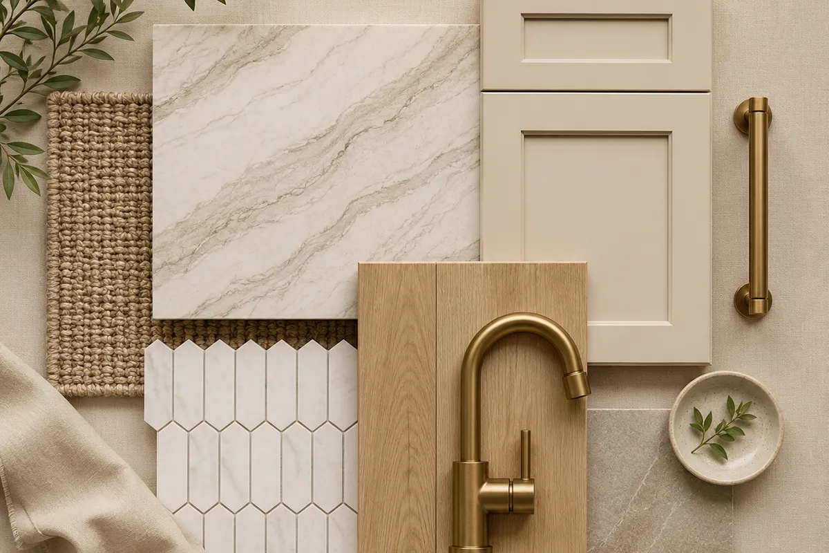 luxury kitchen and bathroom material flat lay in rockville md with stone slab cabinet sample wood flooring tile brass hardware and natural textures – karpet king design center luxury kitchen and bathroom material flat lay in rockville md with stone slab, cabinet sample, wood flooring, tile, brass hardware, and natural textures