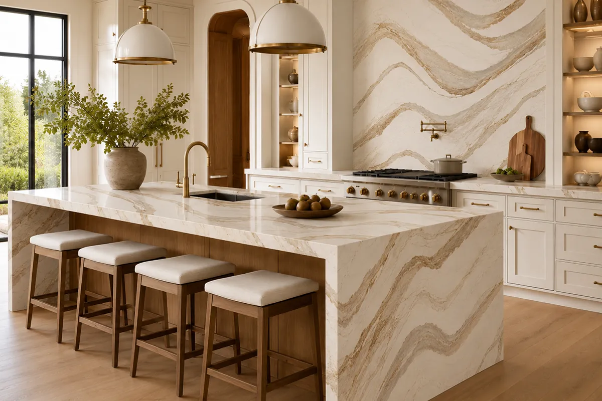luxury kitchen remodel in rockville md with cambria brittanicca gold warm quartz waterfall island full-height slab backsplash warm white cabinets brass fixtures an – karpet king design center luxury kitchen remodel in rockville md with cambria brittanicca gold warm quartz waterfall island, full-height slab backsplash, warm white cabinets, brass fixtures, and hardwood flooring