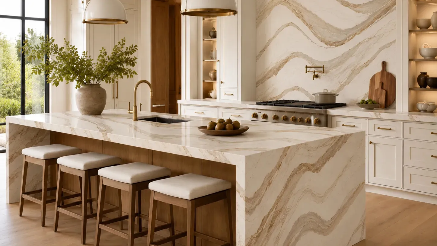luxury kitchen with statement stone full-height backsplash and waterfall island in rockville md – karpet king design center luxury kitchen with statement stone full-height backsplash and waterfall island in rockville md