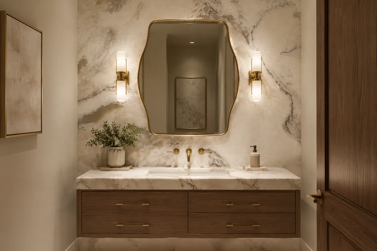 luxury powder room remodel in rockville md with dramatic natural stone vanity wall warm wood floating vanity brass fixtures statement mirror and soft wall sconces – karpet king design center luxury powder room remodel in rockville md with dramatic natural stone vanity wall, warm wood floating vanity, brass fixtures, statement mirror, and soft wall sconces
