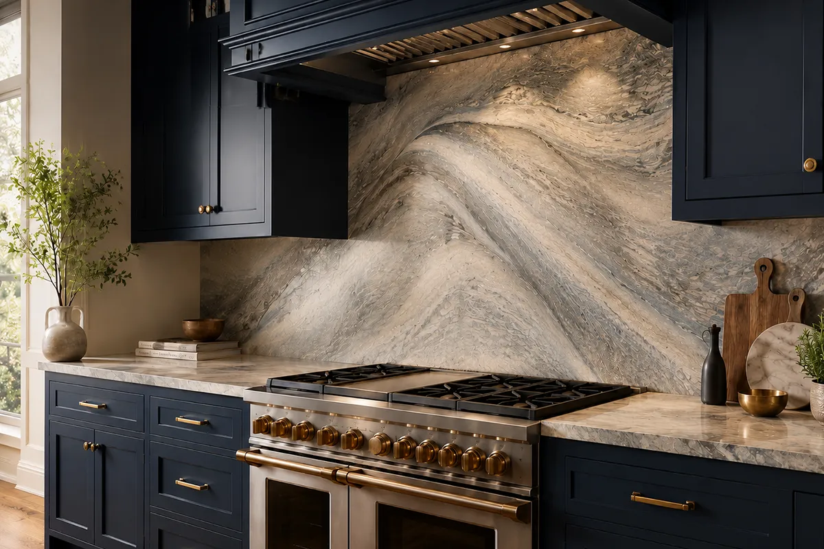 luxury rockville md kitchen with full-height stone backsplash dark cabinets brass accents and dramatic veining – karpet king design center luxury rockville md kitchen with full-height stone backsplash, dark cabinets, brass accents, and dramatic veining