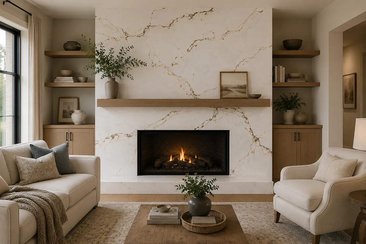 modern living room in rockville md with floor-to-ceiling statement stone slab fireplace surround warm wood shelving neutral furniture and natural light – karpet king design center modern living room in rockville md with floor-to-ceiling statement stone slab fireplace surround, warm wood shelving, neutral furniture, and natural light