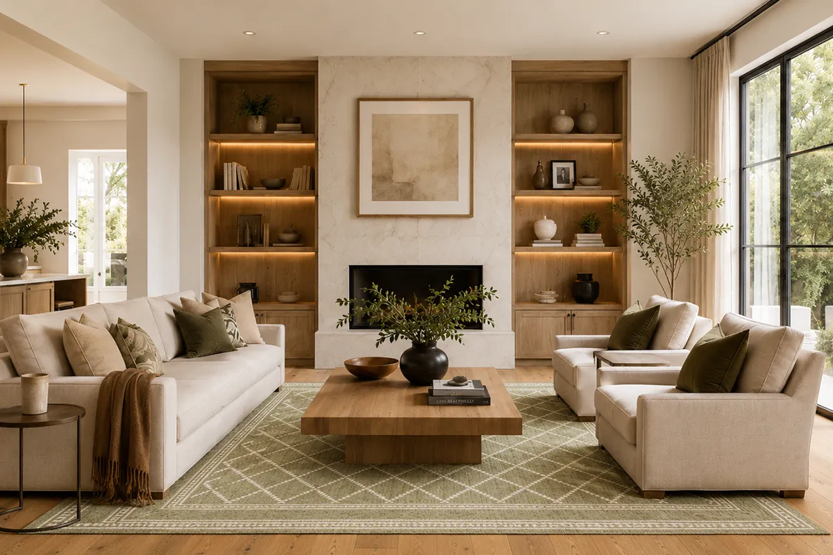natural oak flooring with an oatmeal and moss custom area rug in a bright warm modern living room – karpet king design center natural oak flooring with an oatmeal and moss custom area rug in a bright warm modern living room