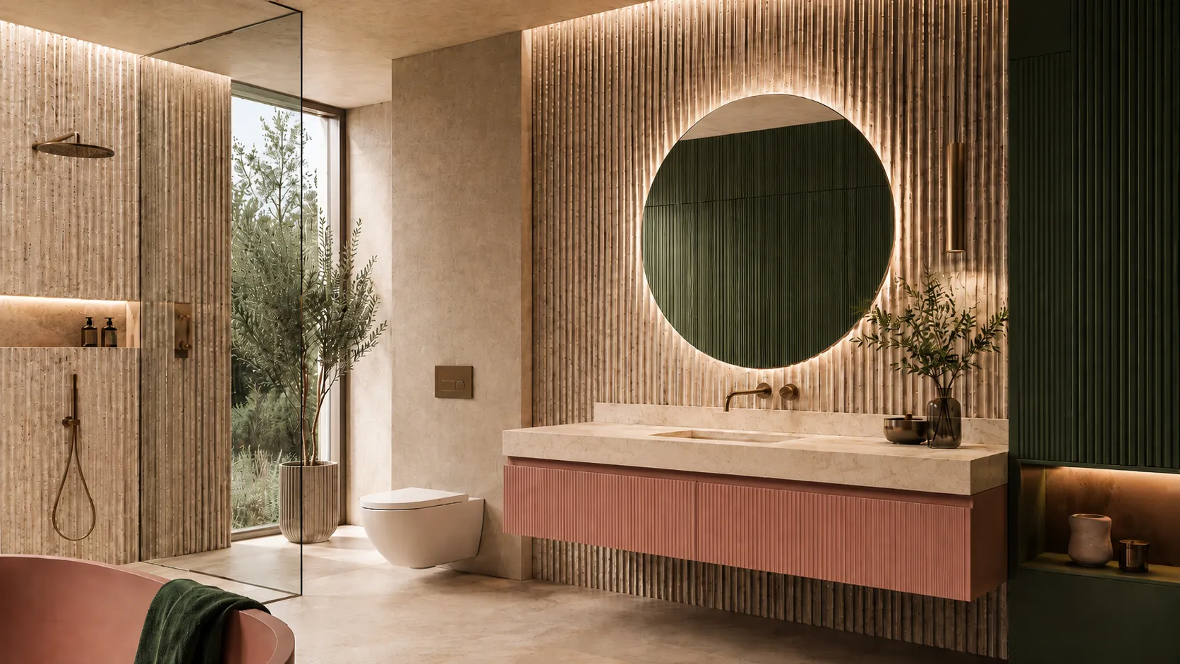warm colors are replacing stark white bathrooms