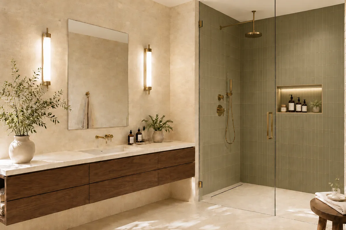 warm modern bathroom with travertine-look tile a natural wood vanity and clear glass shower – karpet king design center warm modern bathroom with travertine-look tile, a natural wood vanity and clear glass shower