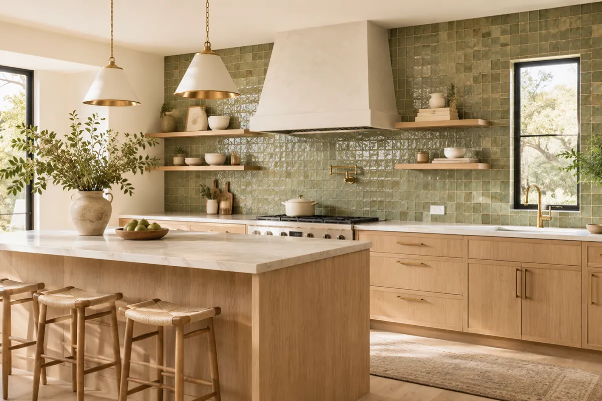 warm modern kitchen with light oak cabinetry creamy stone countertops and a glossy olive-green tile backsplash – karpet king design center warm modern kitchen with light oak cabinetry, creamy stone countertops and a glossy olive-green tile backsplash.