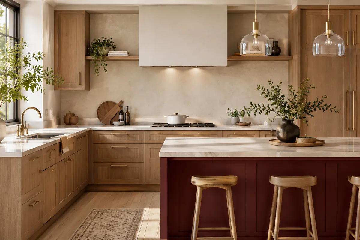 warm modern kitchen with medium oak cabinets a muted burgundy island and creamy stone countertops – karpet king design center warm modern kitchen with medium oak cabinets, a muted burgundy island and creamy stone countertops.
