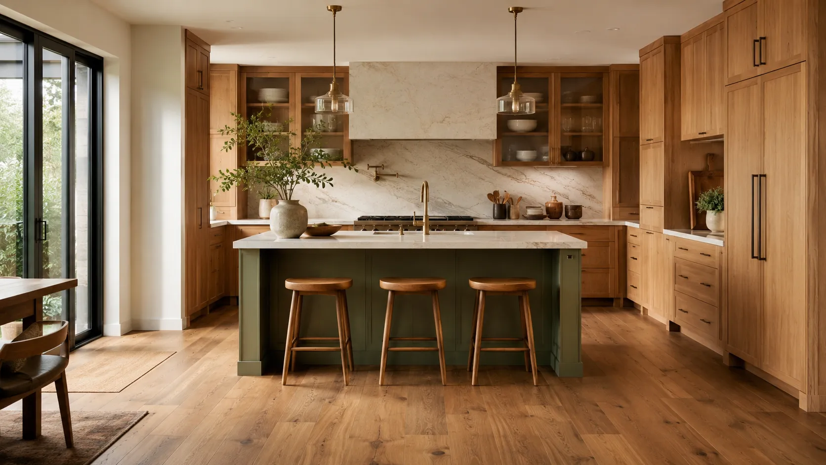 Warm modern kitchen with natural oak flooring, olive cabinetry and creamy stone countertops in Rockville MD