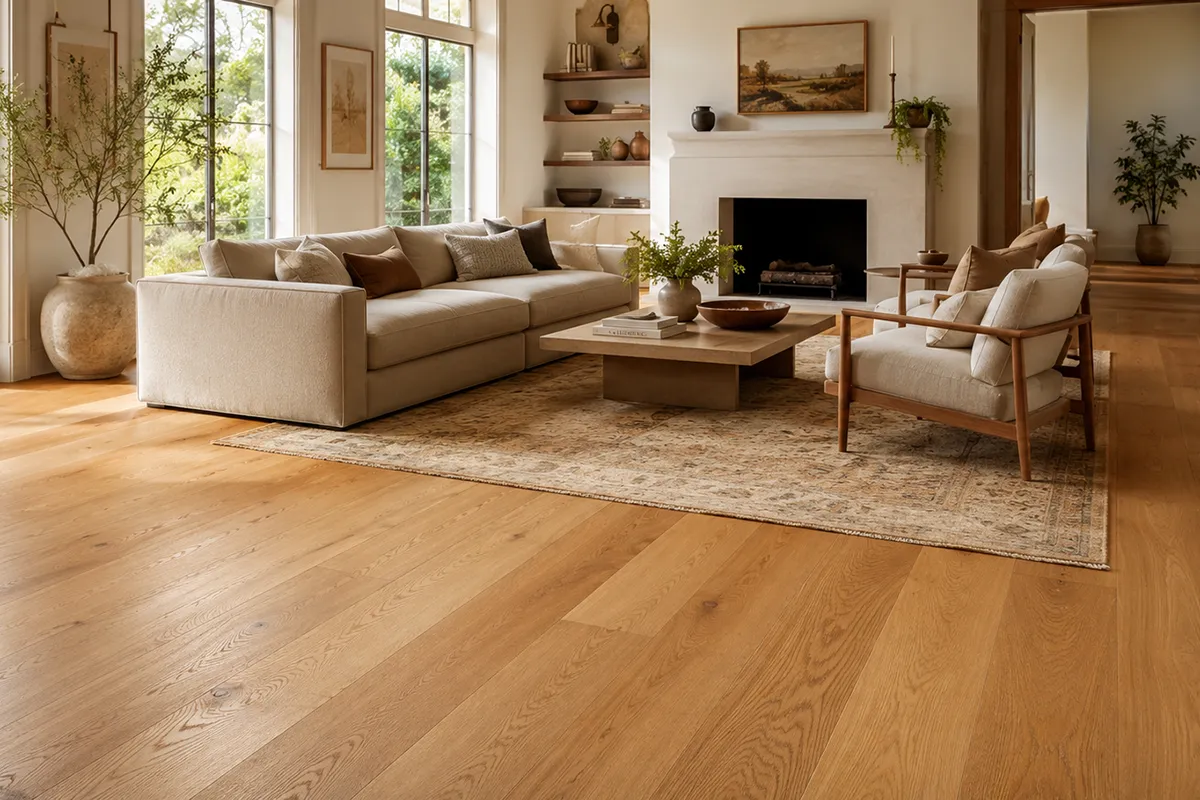 warm modern living room with natural wide-plank oak flooring beige seating and soft natural light – karpet king design center warm modern living room with natural wide-plank oak flooring, beige seating and soft natural light.