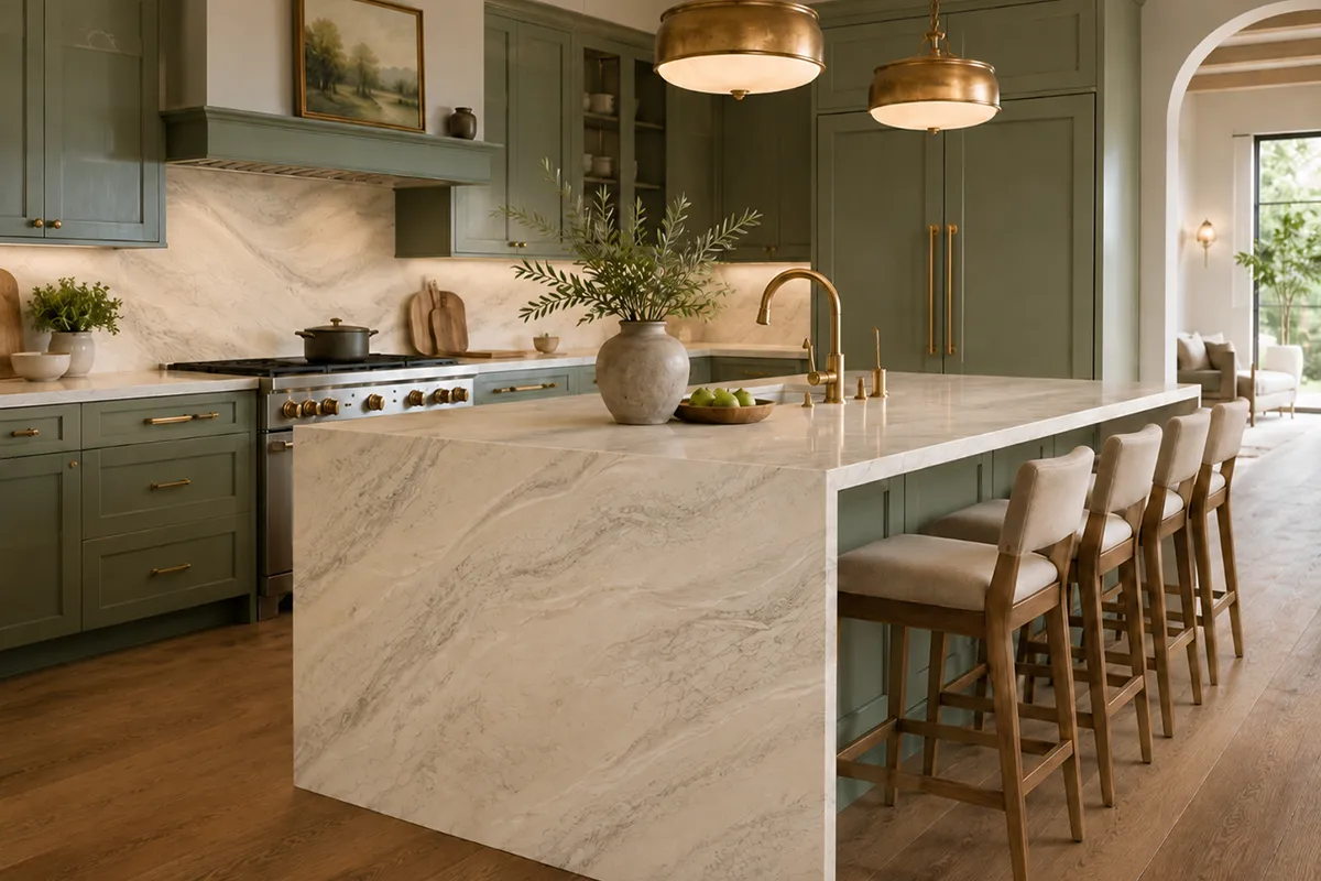 waterfall kitchen island with statement veining in rockville md – karpet king design center waterfall kitchen island with statement veining in rockville, md