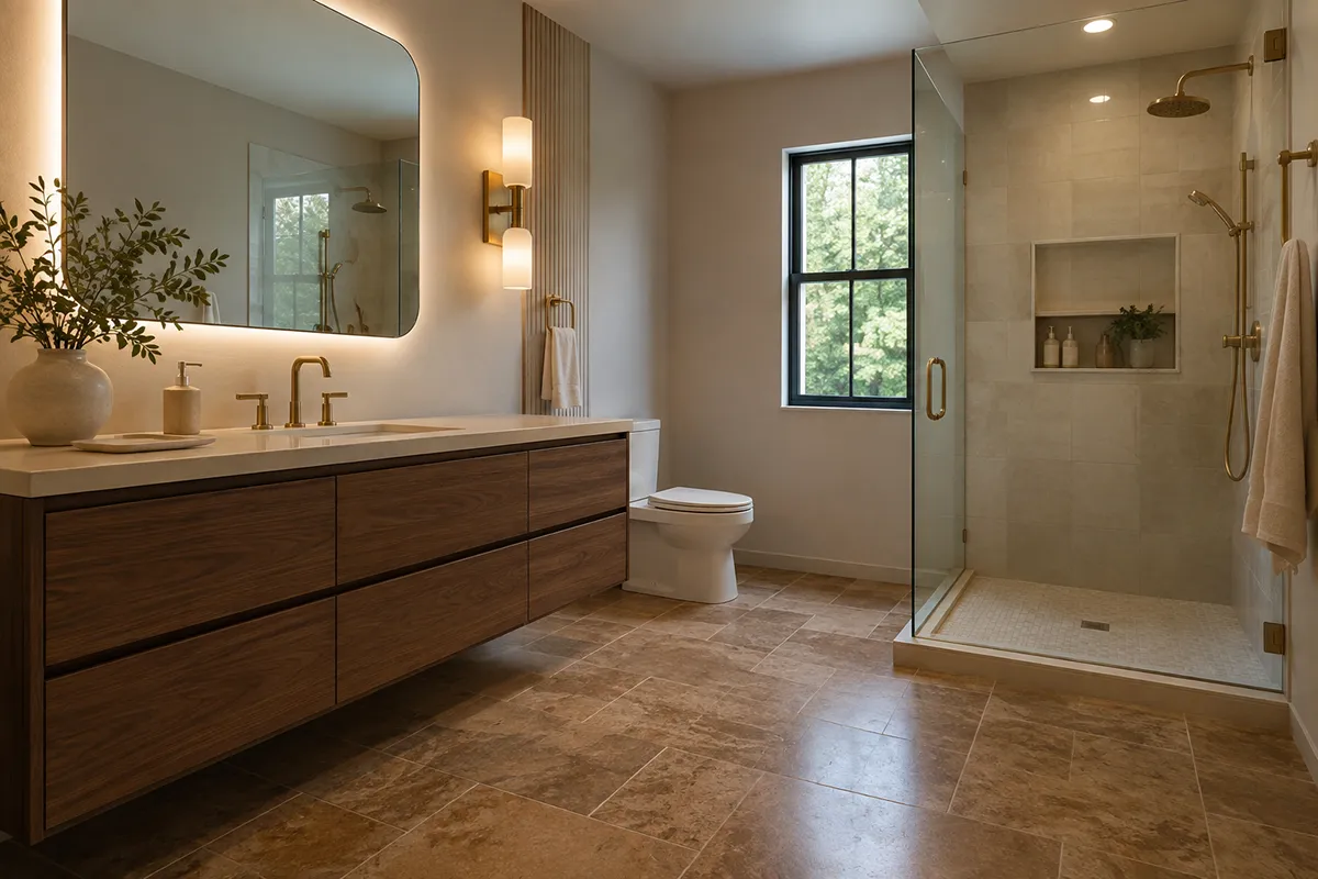 bathroom-trucor-travertine-noce-modern – karpet king design center warm contemporary american bathroom with trucor travertine noce tile flooring and a floating walnut vanity