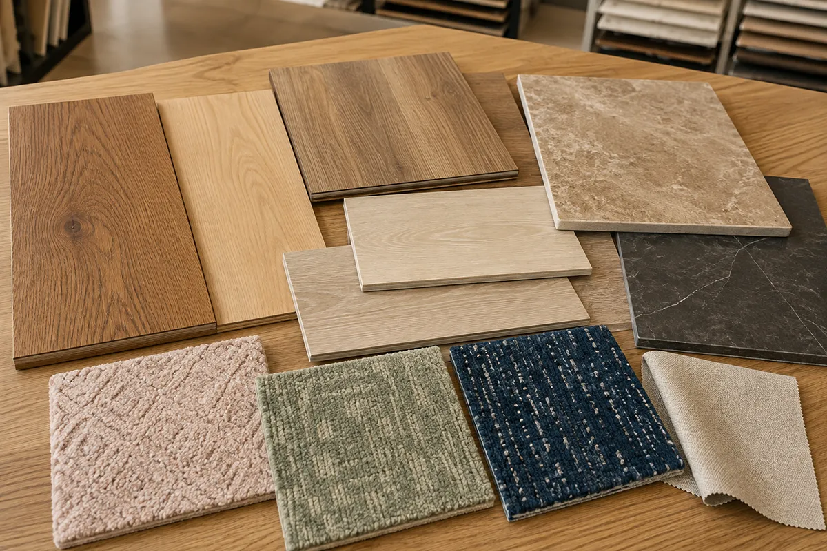 coordinated-hardwood-carpet-lvp-tile-showroom-samples – karpet king design center hardwood, carpet, luxury vinyl plank and tile samples coordinated on a flooring showroom design table