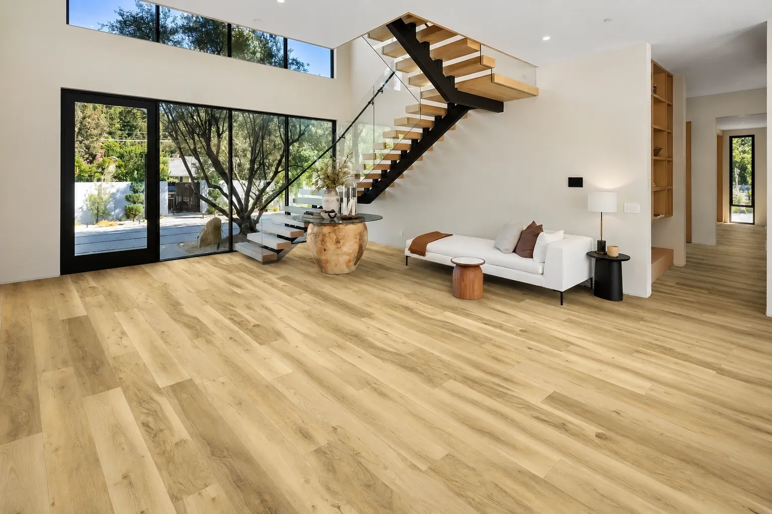 engineered hardwood flooring in a bright modern living room