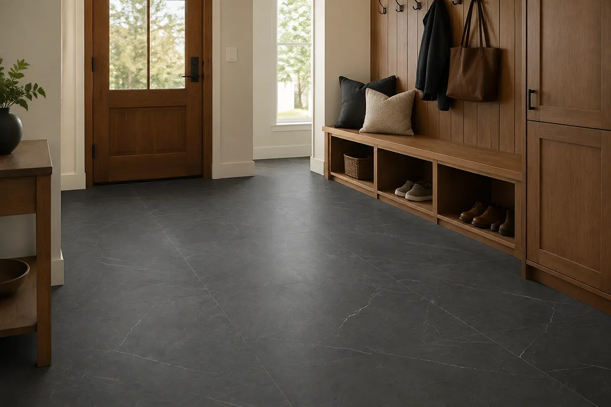 entryway-mudroom-trucor-emperador-carbon-tile – karpet king design center warm modern entryway and mudroom with trucor emperador carbon tile flooring and built-in wood storage