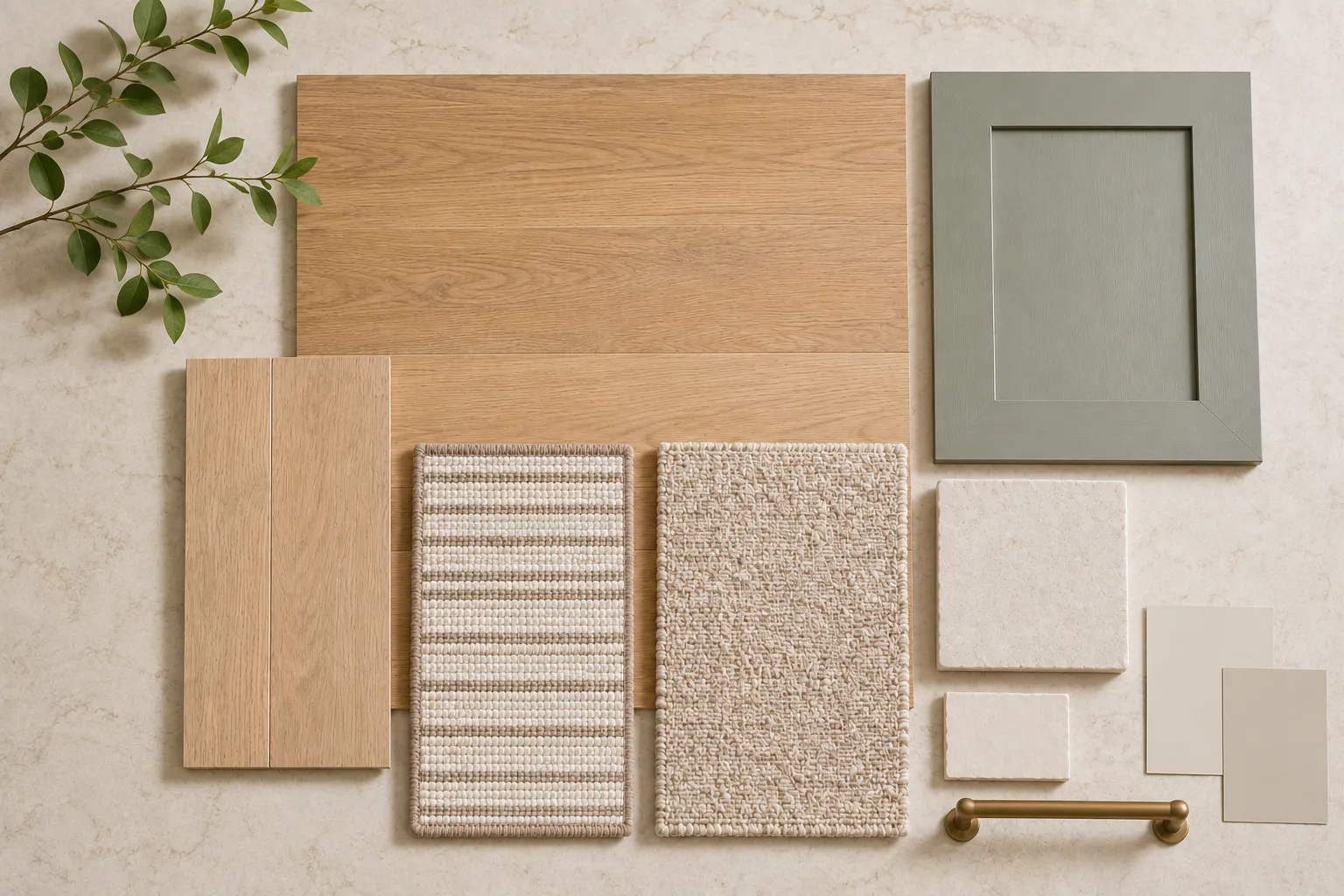 How flooring shapes interior design with coordinated hardwood, carpet, luxury vinyl, cabinet, countertop and fabric samples