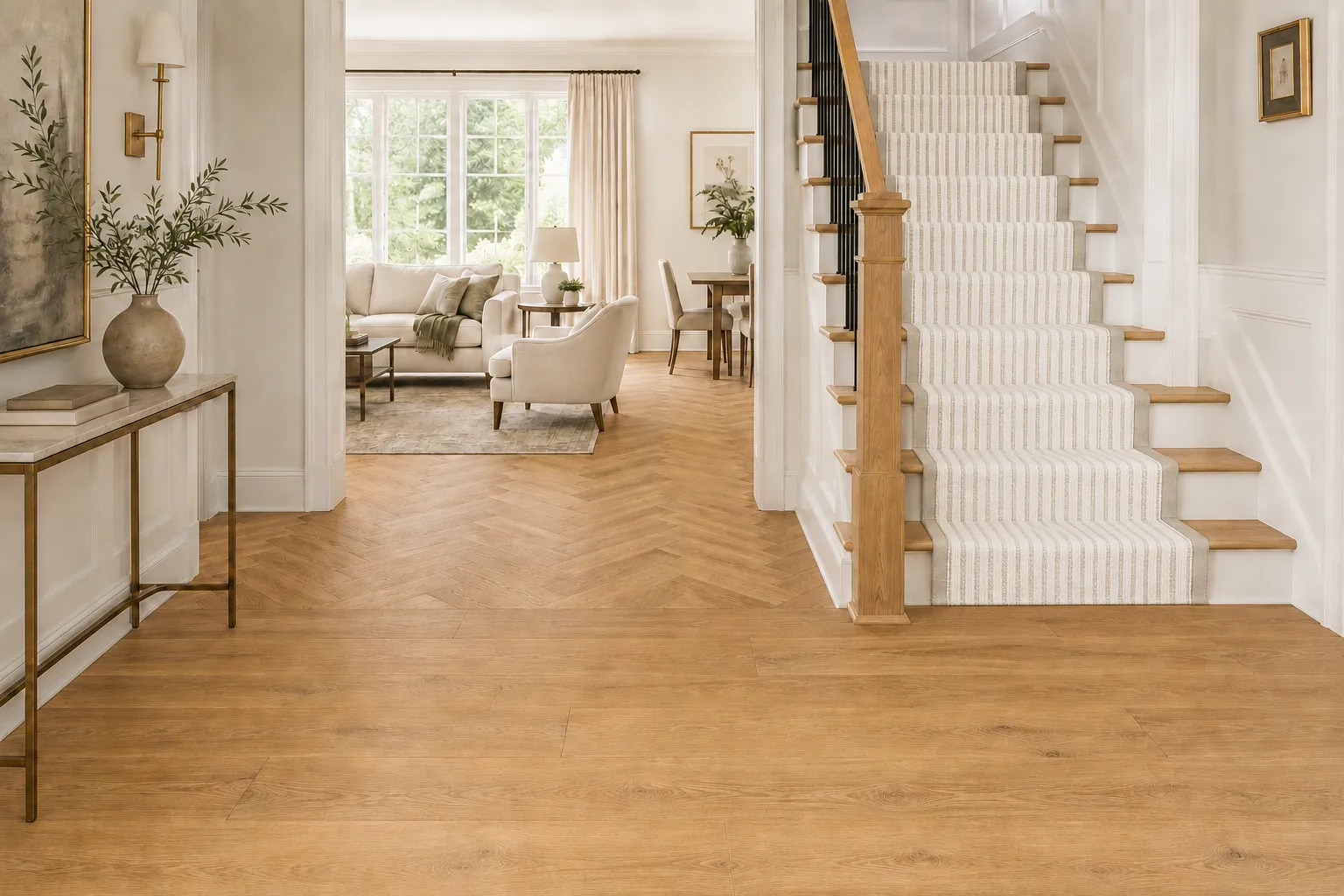 flooring-scale-pattern-plank-width-layout – karpet king design center wide plank, narrow plank and herringbone flooring layouts shown in coordinated interior spaces