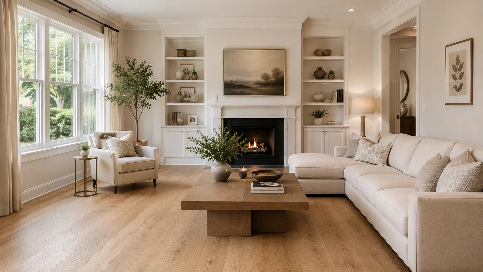 Wide-plank natural oak hardwood flooring in a bright open-plan living room with soft neutral furniture