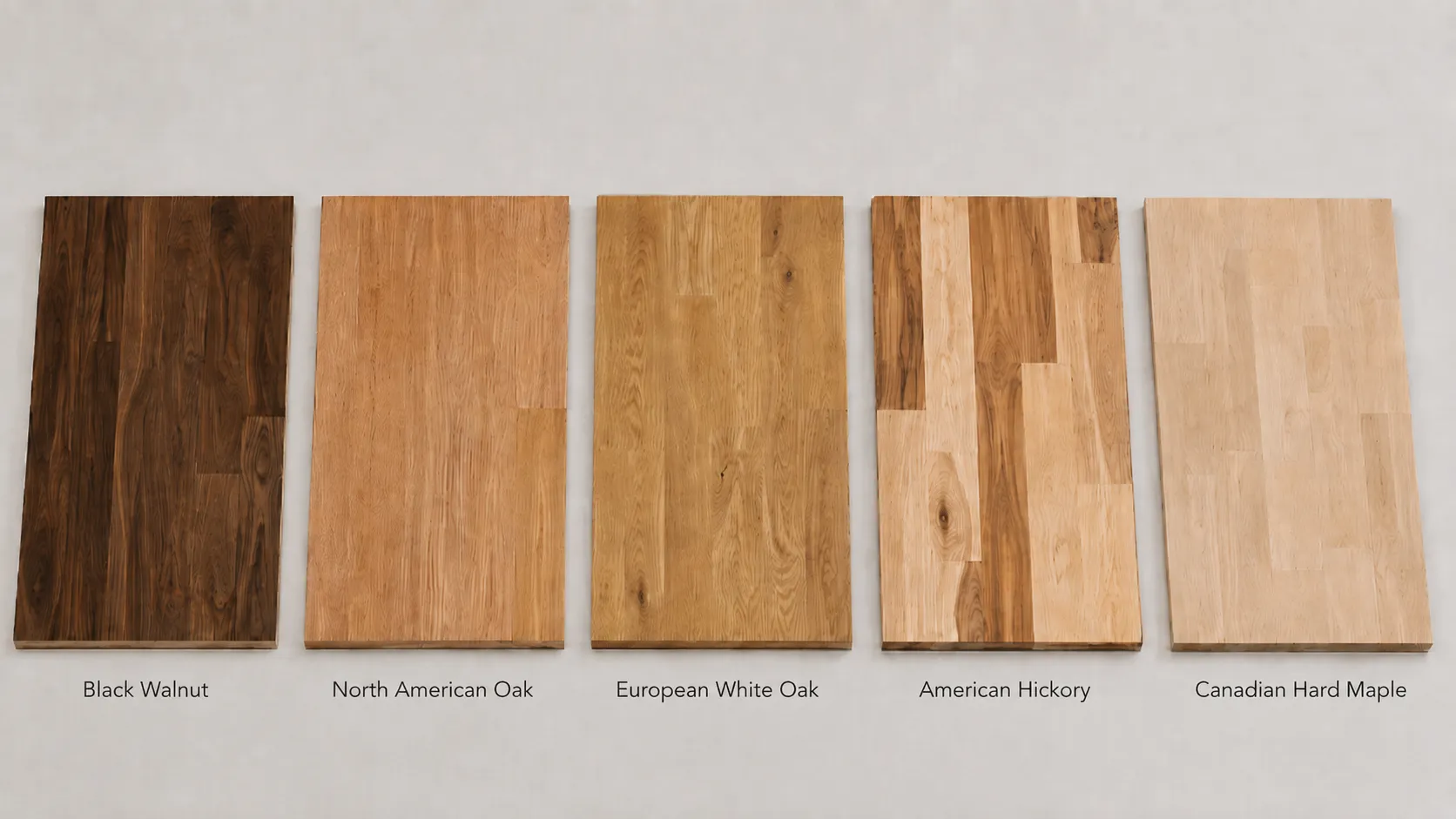 hardwood flooring guide samples showing white oak, red oak, maple, hickory and walnut