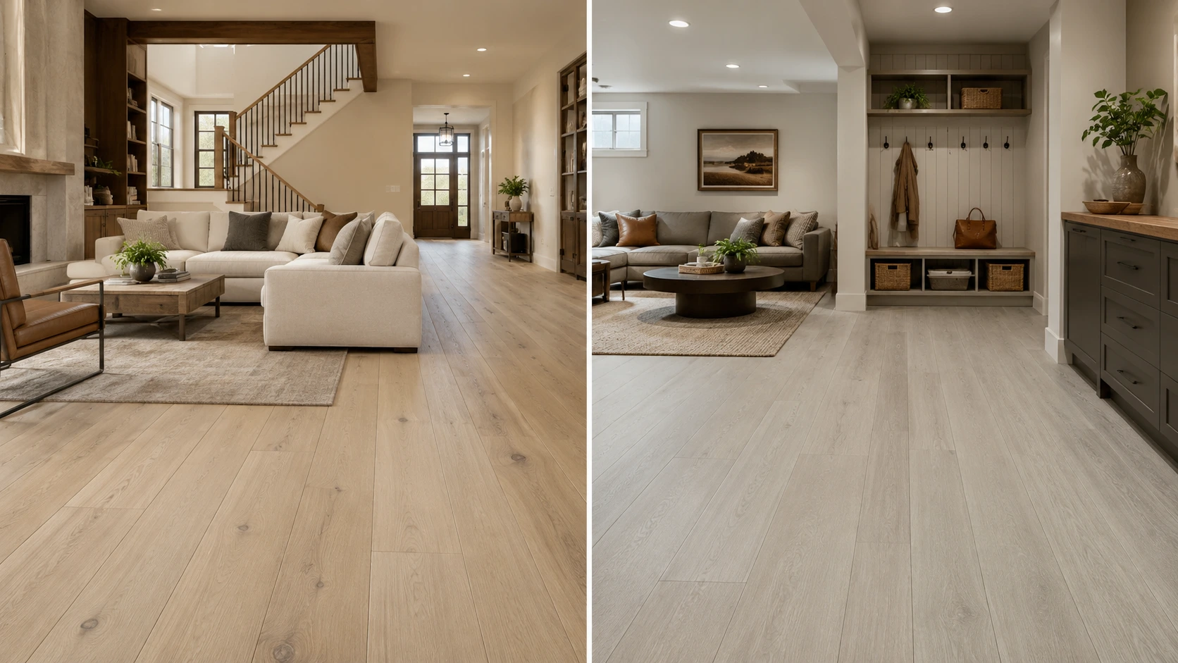 hardwood-lvp-moisture-room-comparisonjpg Flooring comparison showing hardwood in a dry living area and LVP in a moisture-prone basement or utility space