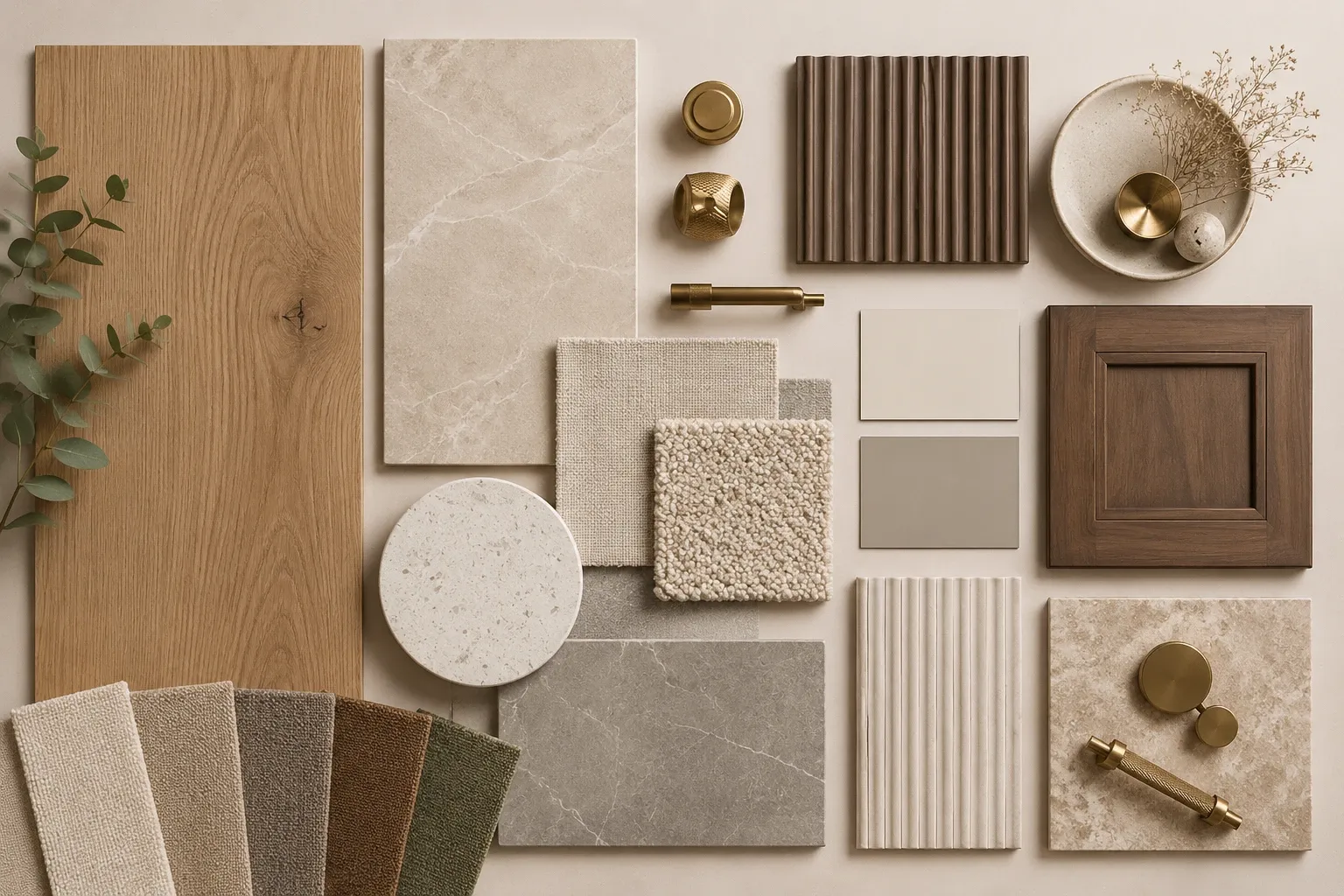 hardwood flooring coordinated with cabinetry, countertop, tile, carpet and hardware samples
